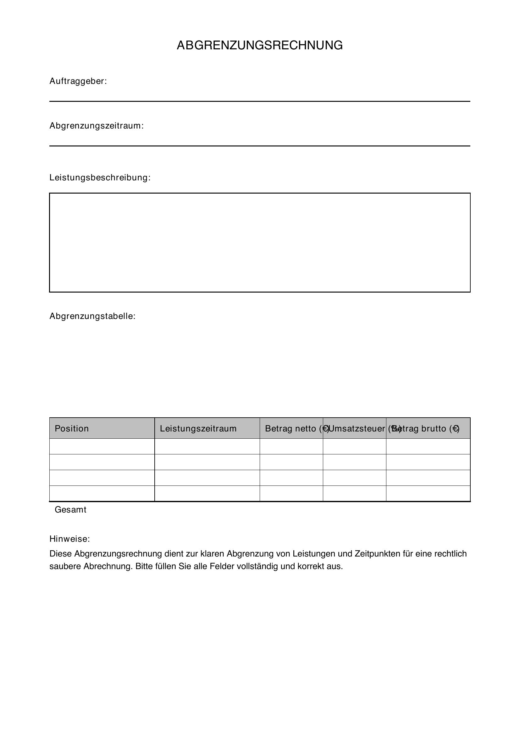 Abgrenzungsrechnung Tabelle Vorlage