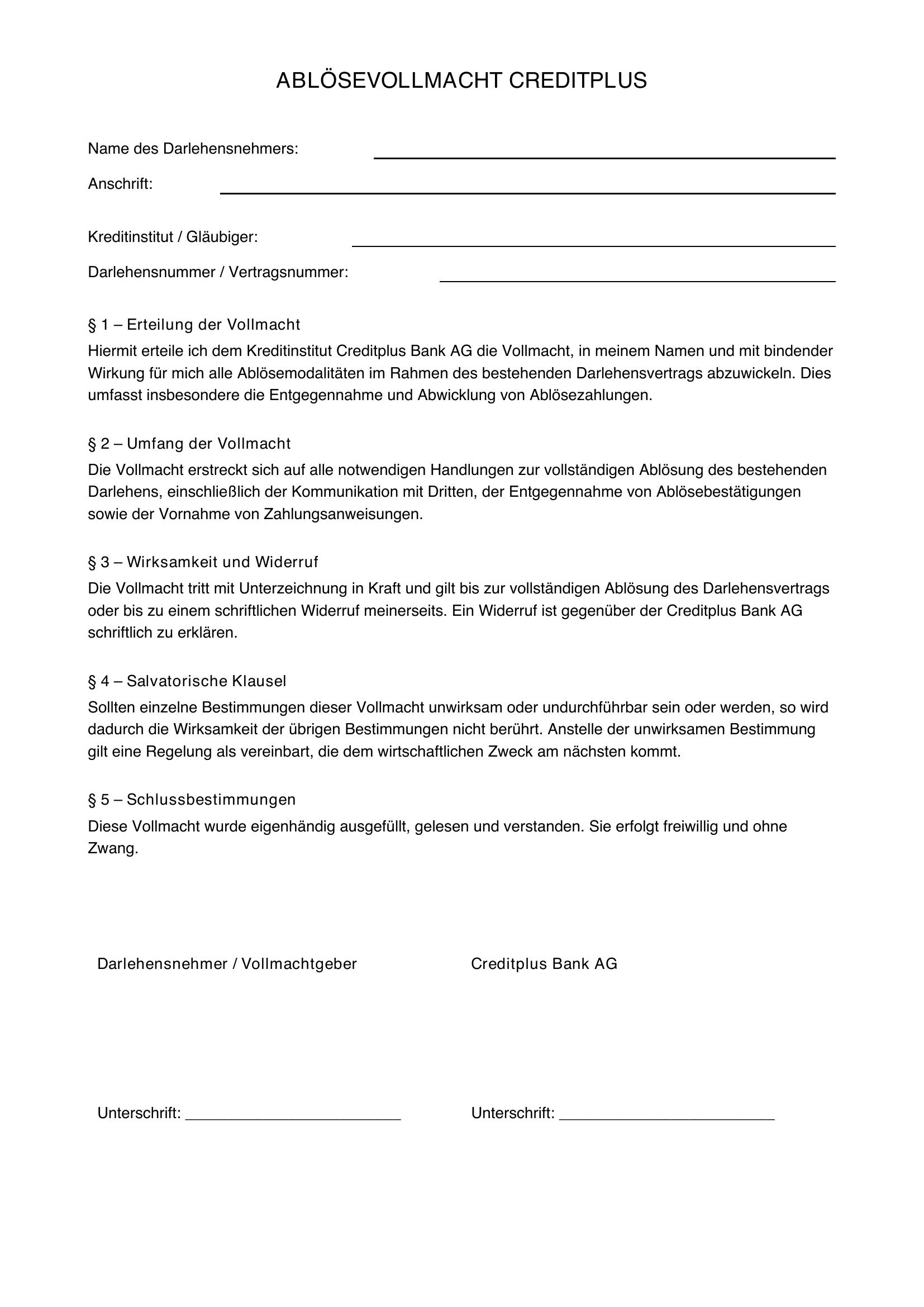 Ablösevollmacht Creditplus