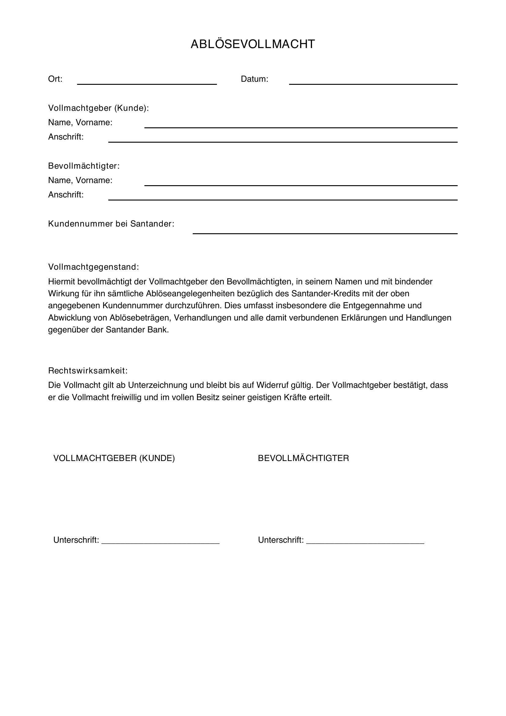 Ablösevollmacht Santander