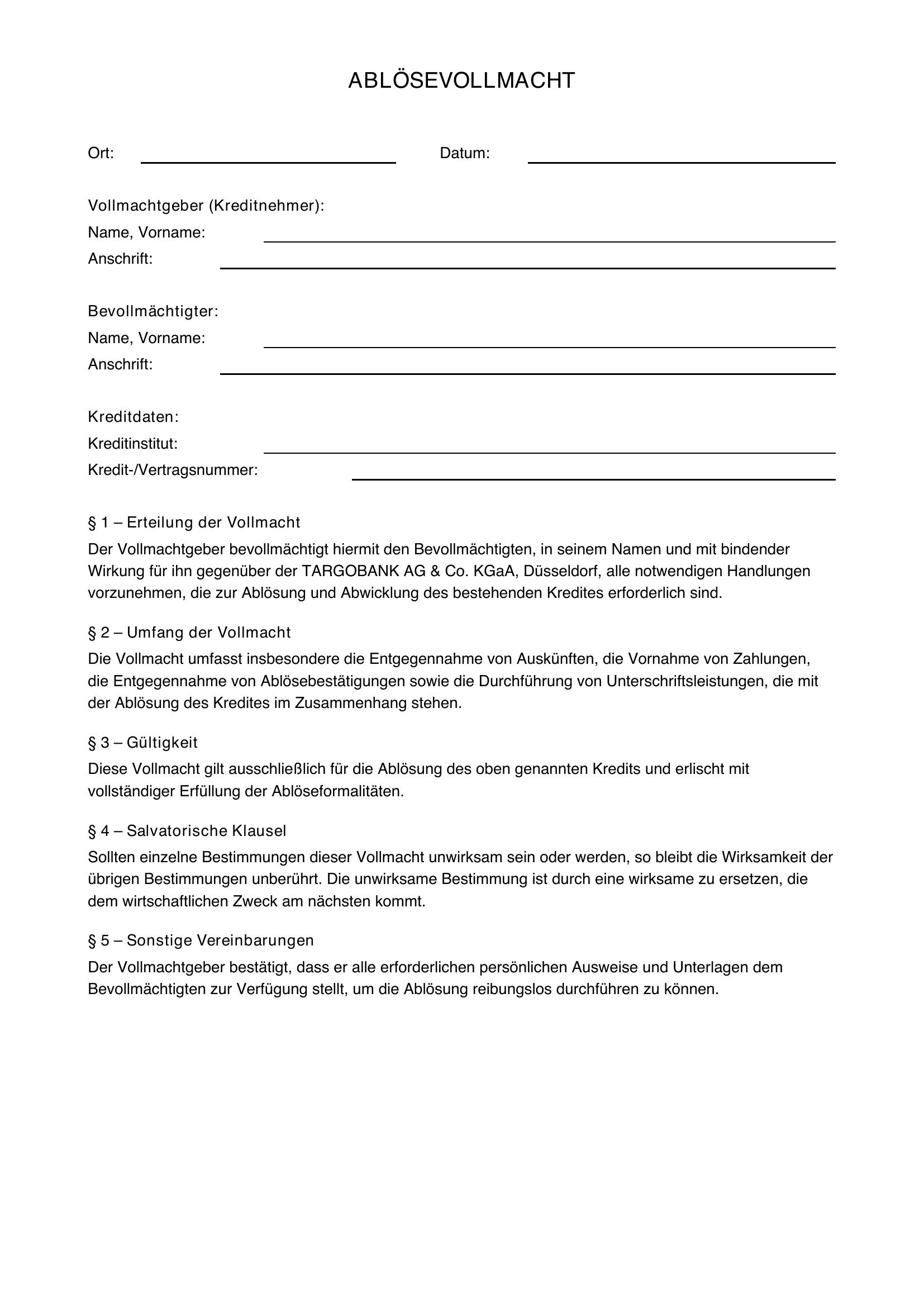 Ablösevollmacht Vorlage Targobank