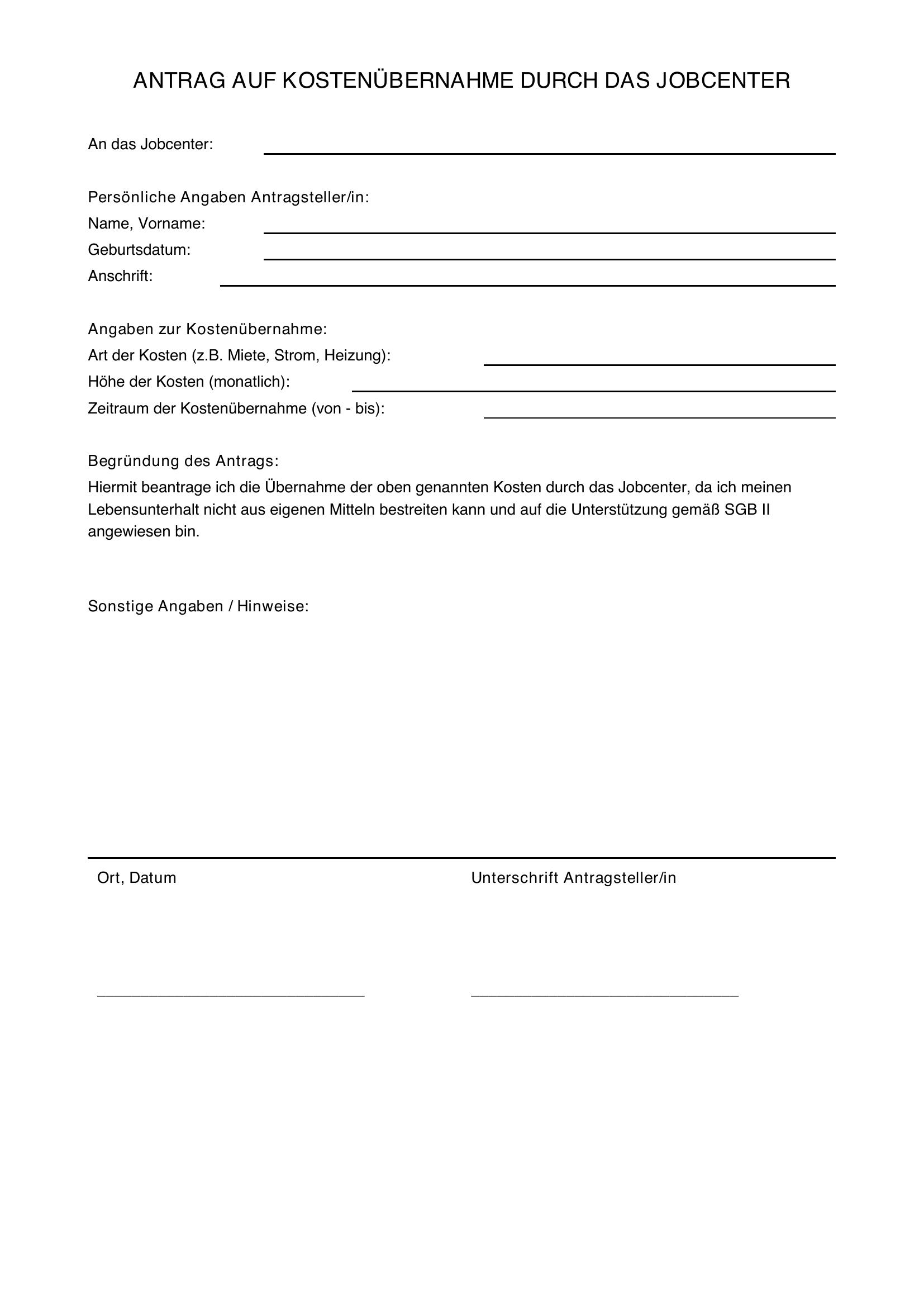 Antrag Auf Kostenübernahme Jobcenter Muster