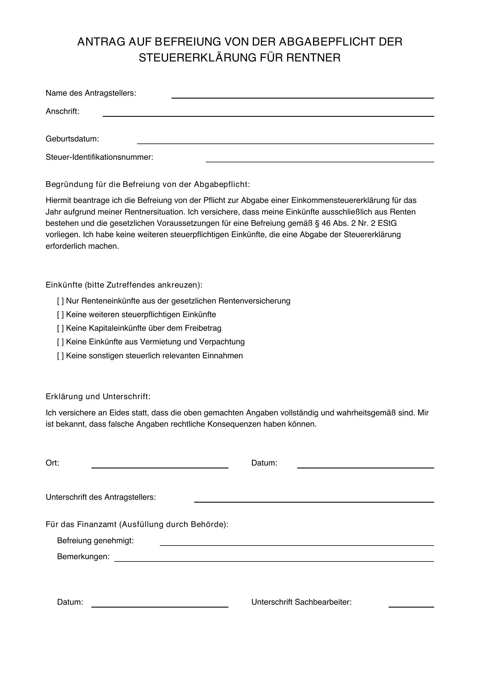 Antrag Befreiung Steuererklärung Rentner