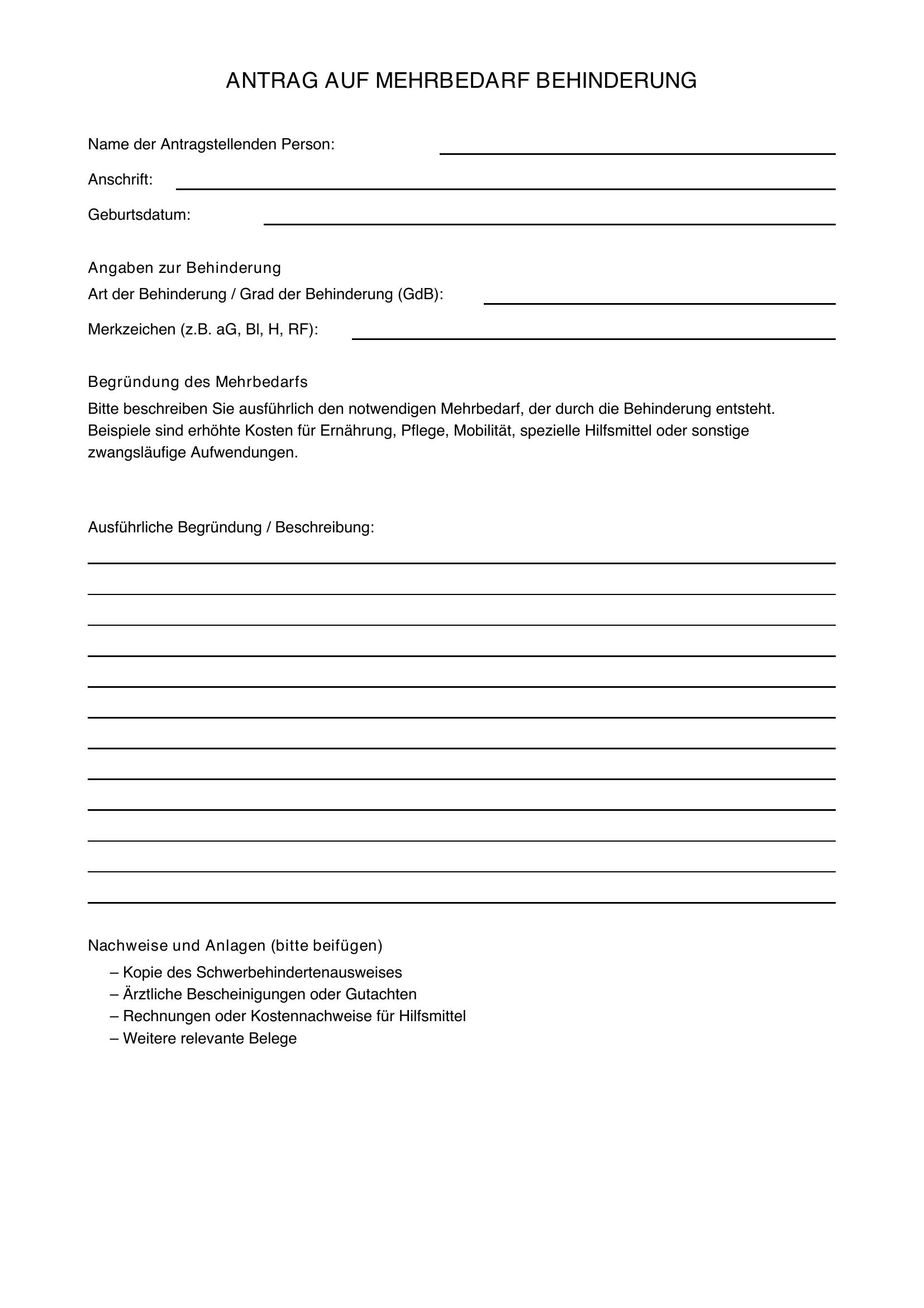 Antrag Mehrbedarf Behinderung Formular