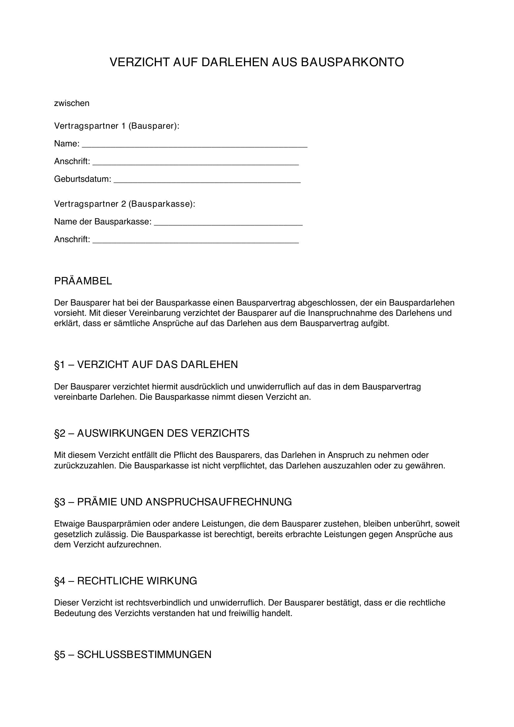 Bausparvertrag Verzicht Auf Darlehen Muster