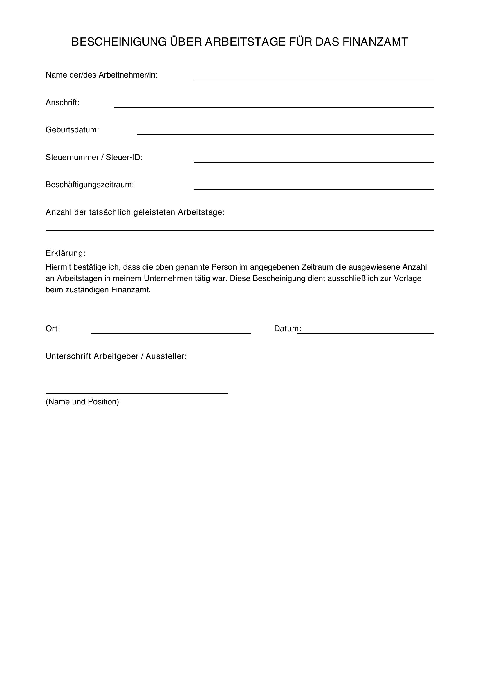 Vorlage Bescheinigung Arbeitstage Finanzamt