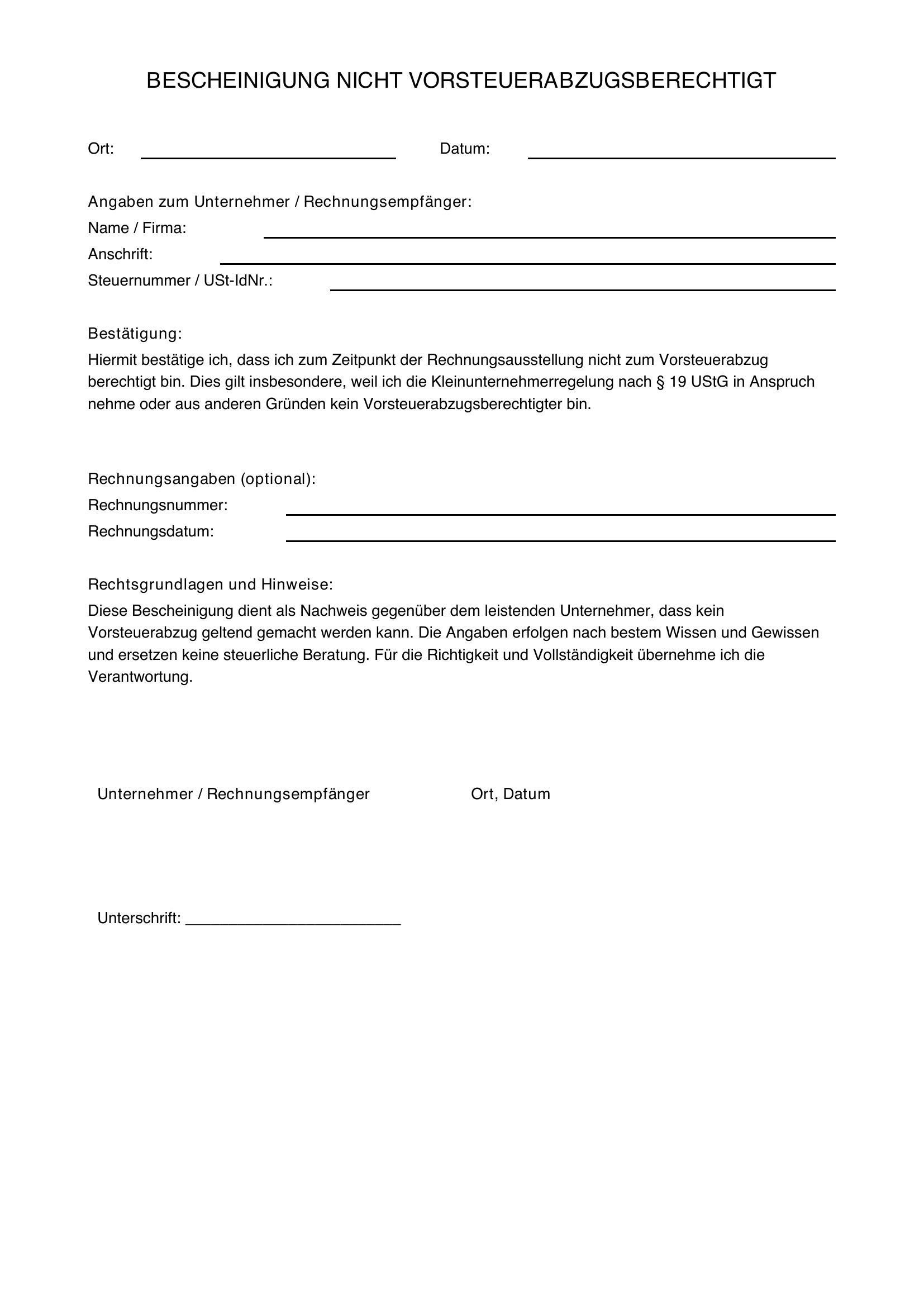 Bescheinigung Nicht Vorsteuerabzugsberechtigt Muster