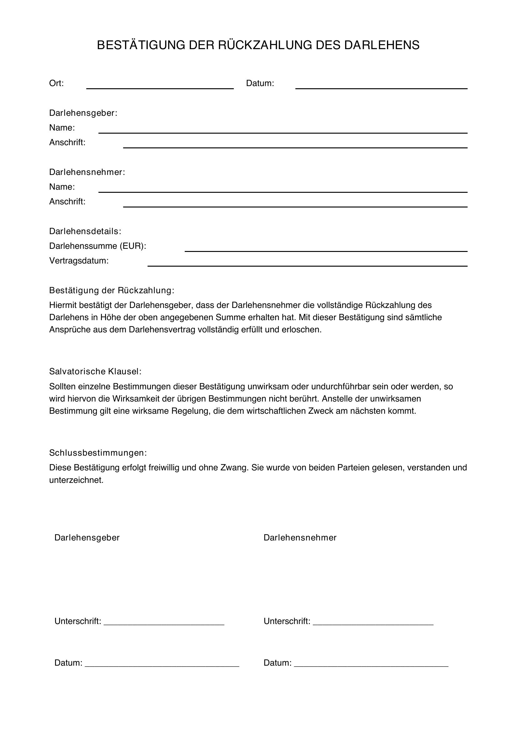 Bestätigung Rückzahlung Darlehen Muster