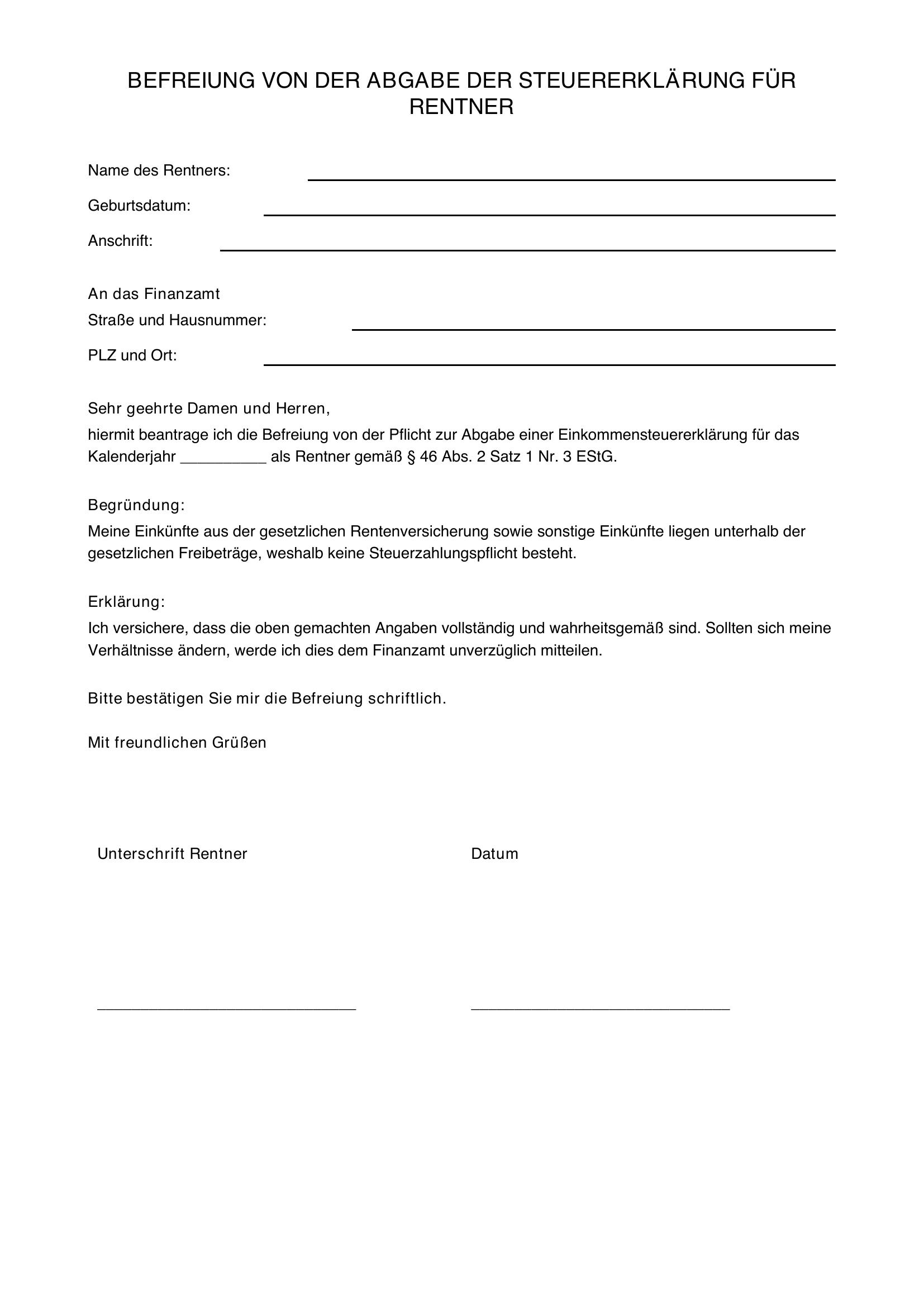 Musterbrief Befreiung Steuererklärung Rentner