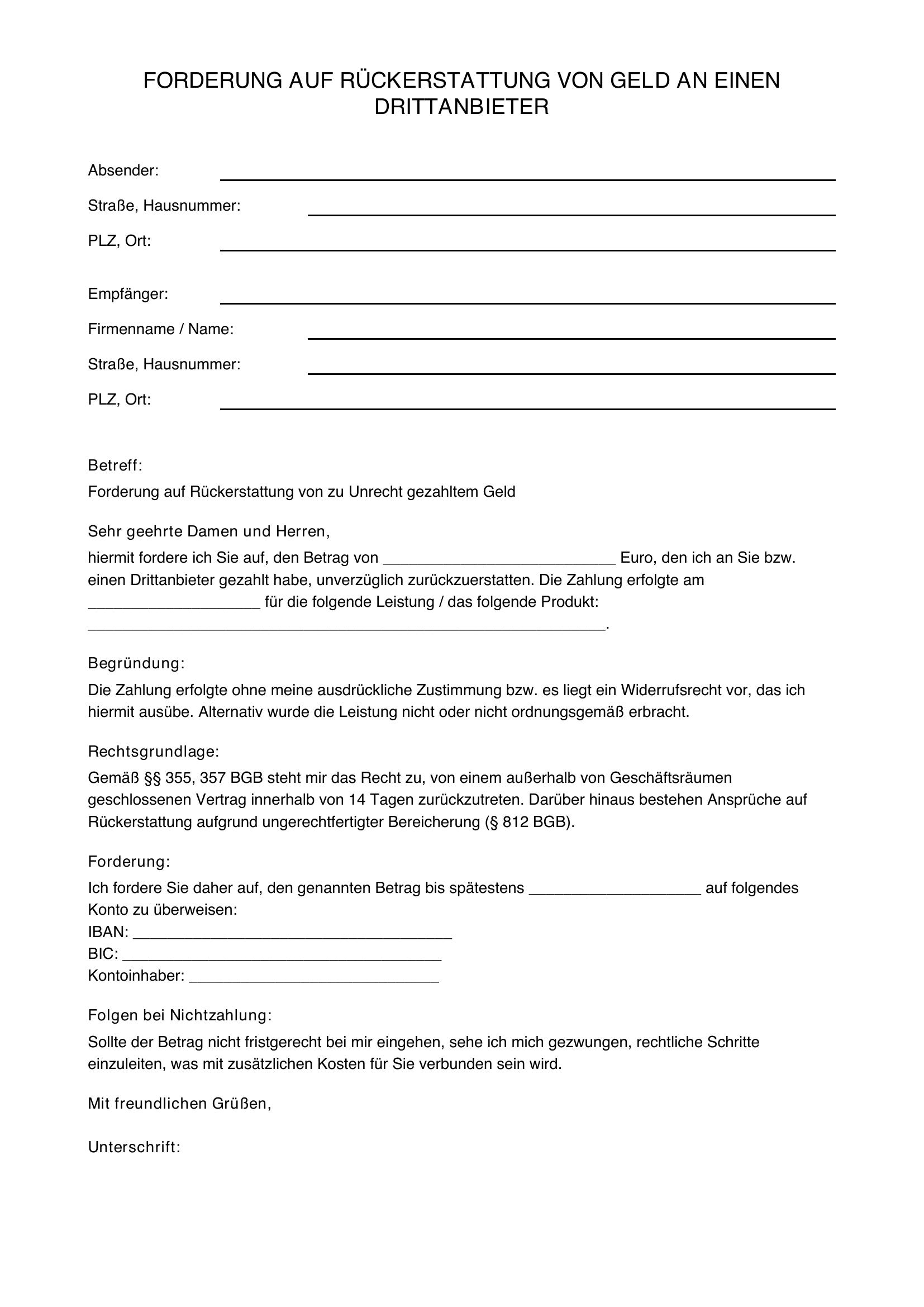 Drittanbieter Geld Zurückfordern Musterbrief