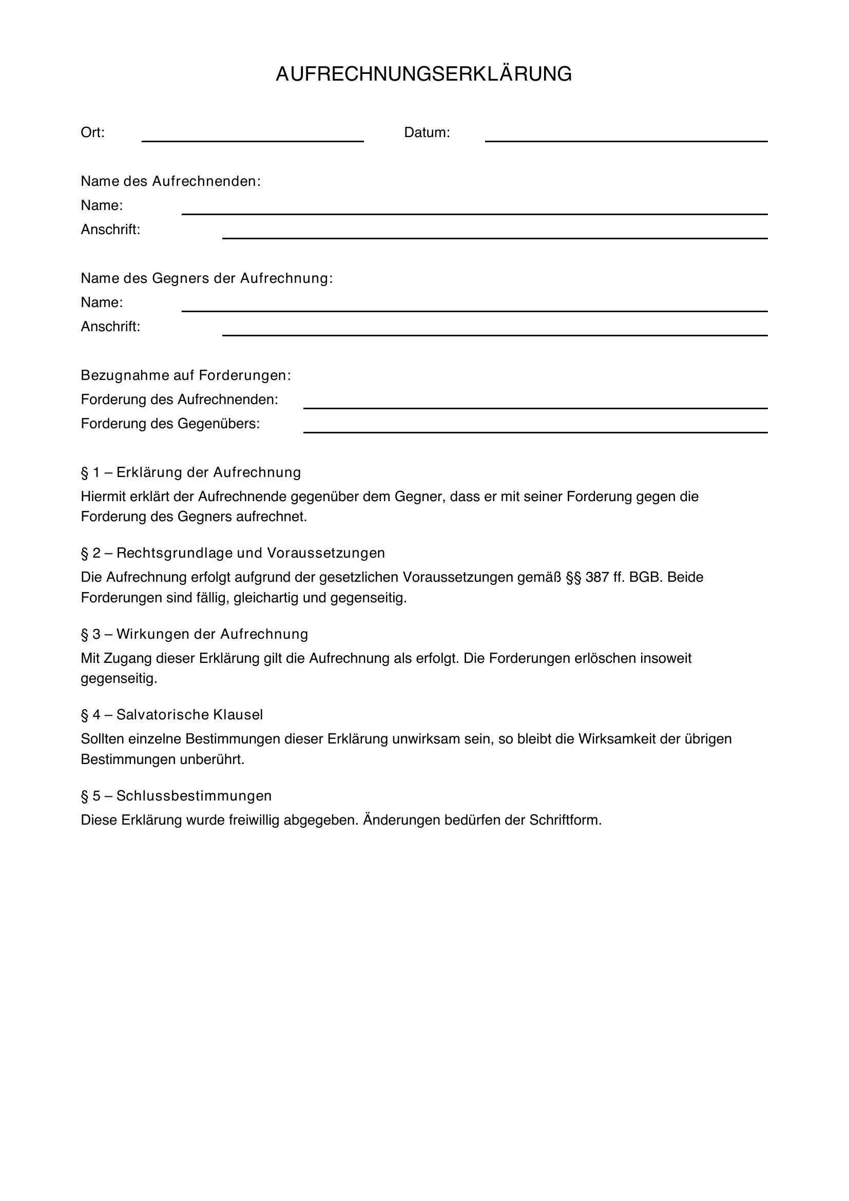 Einseitige Aufrechnungserklärung Muster