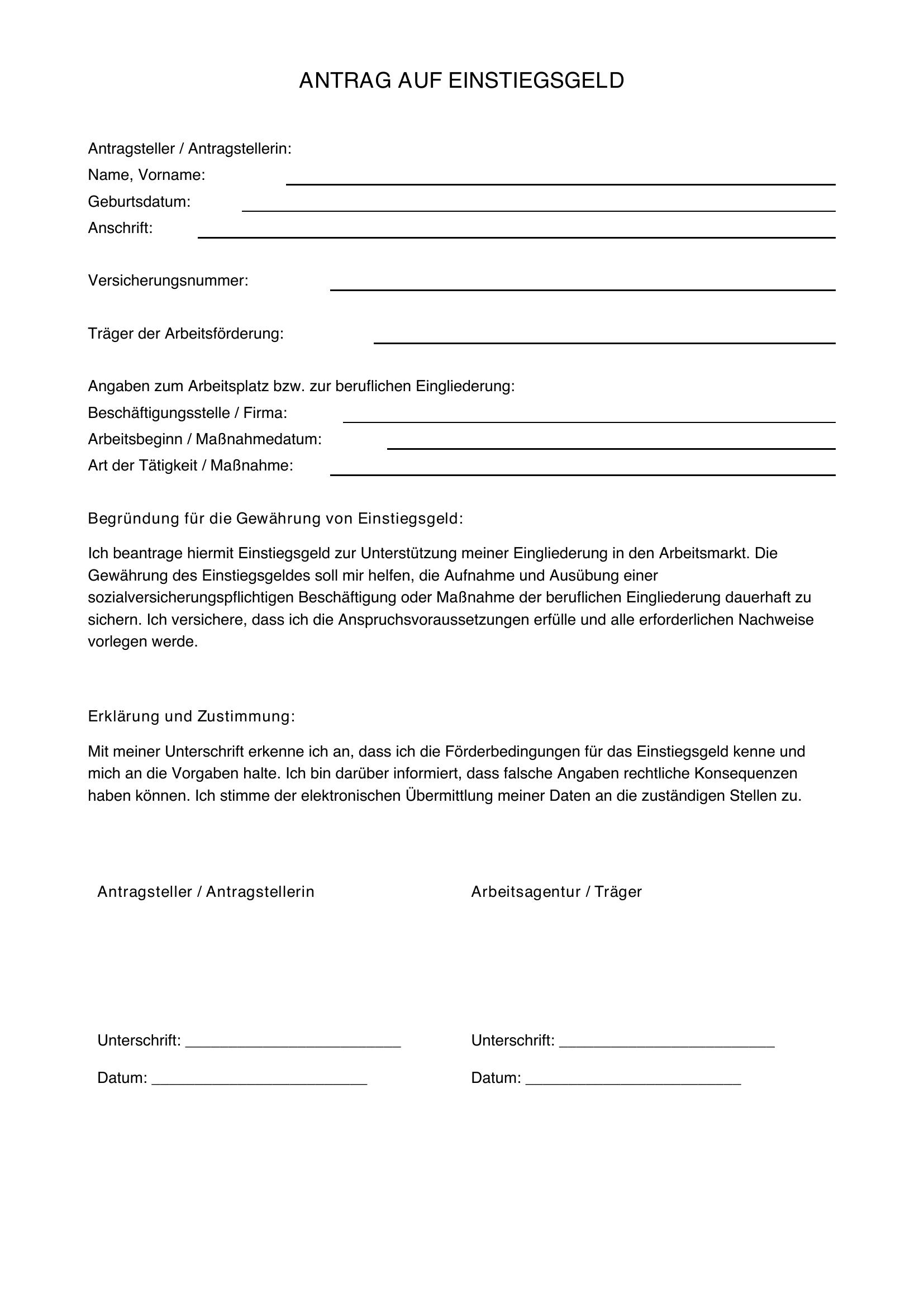 Einstiegsgeld Заявление Образец