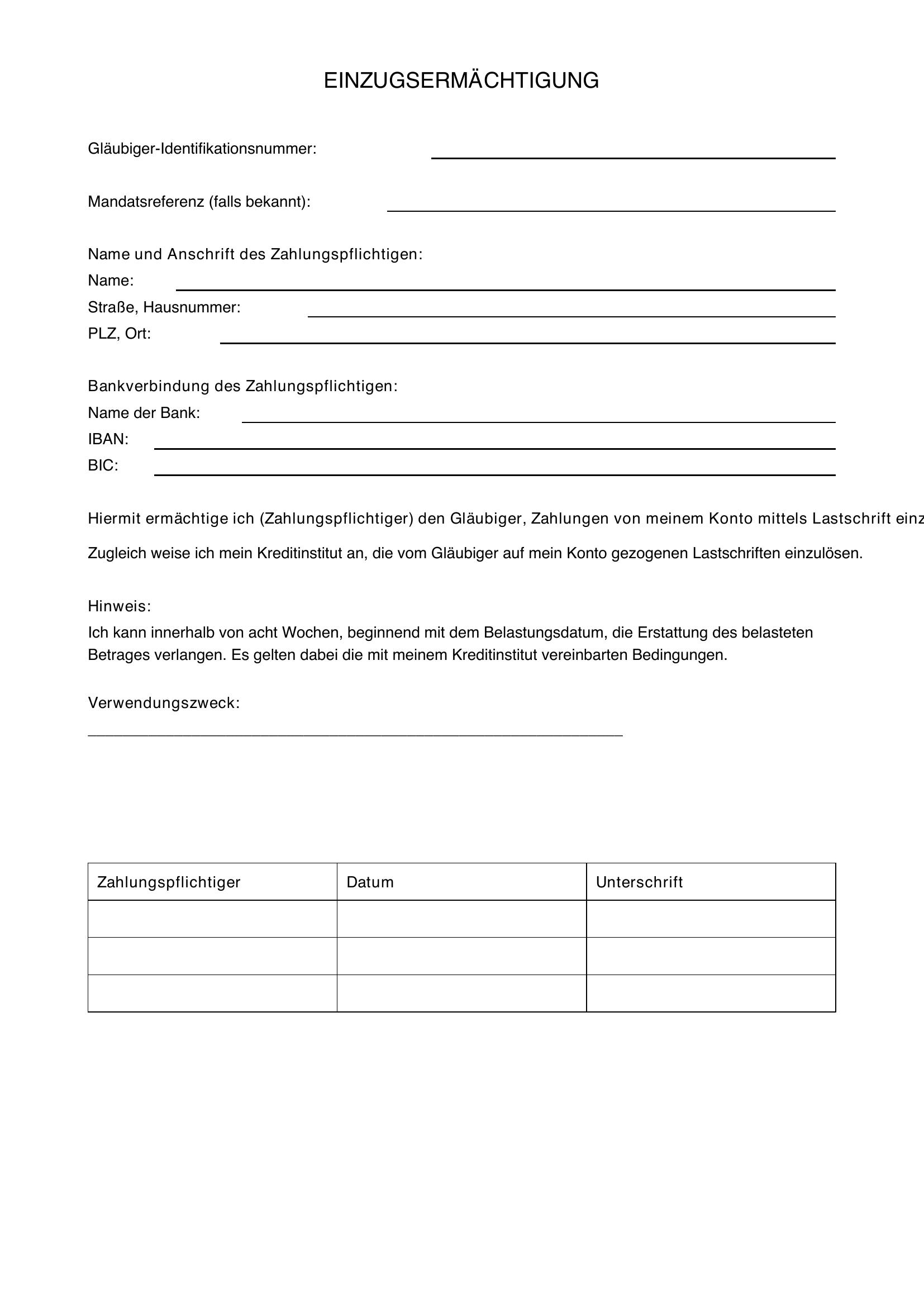 Einzugsermächtigung Vorlage