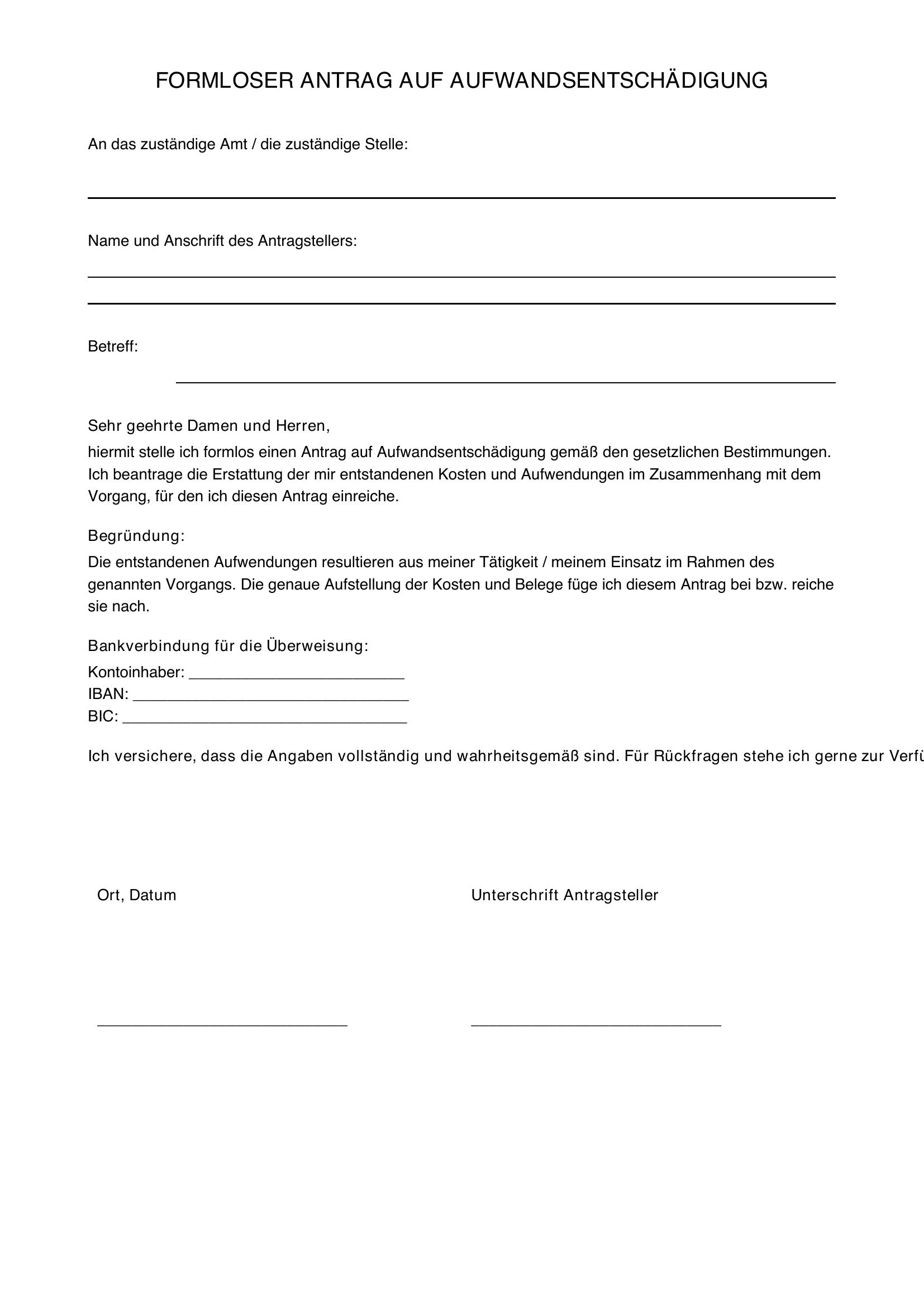 Formloser Antrag Aufwandsentschädigung Muster