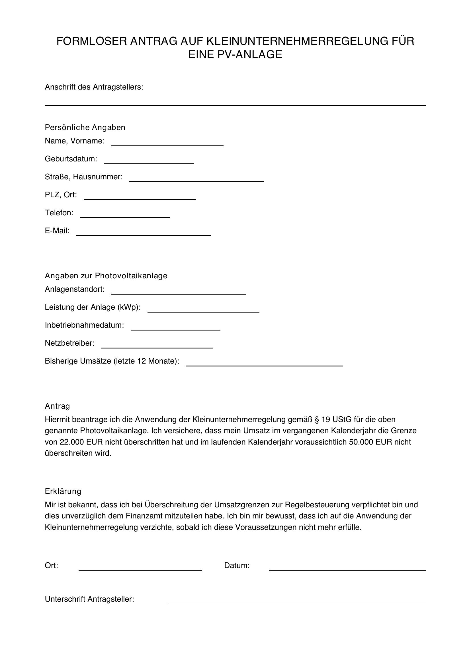Formloser Antrag Kleinunternehmer Pv-Anlage