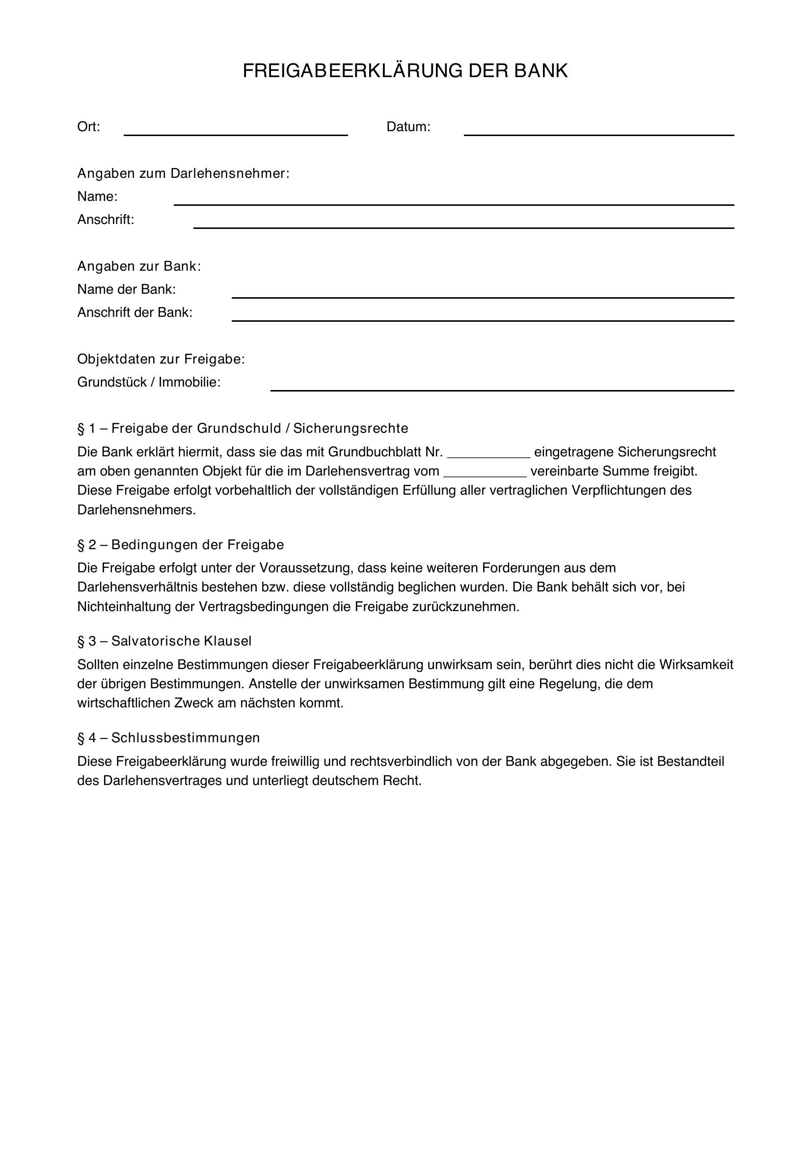 Freigabeerklärung Bank Muster