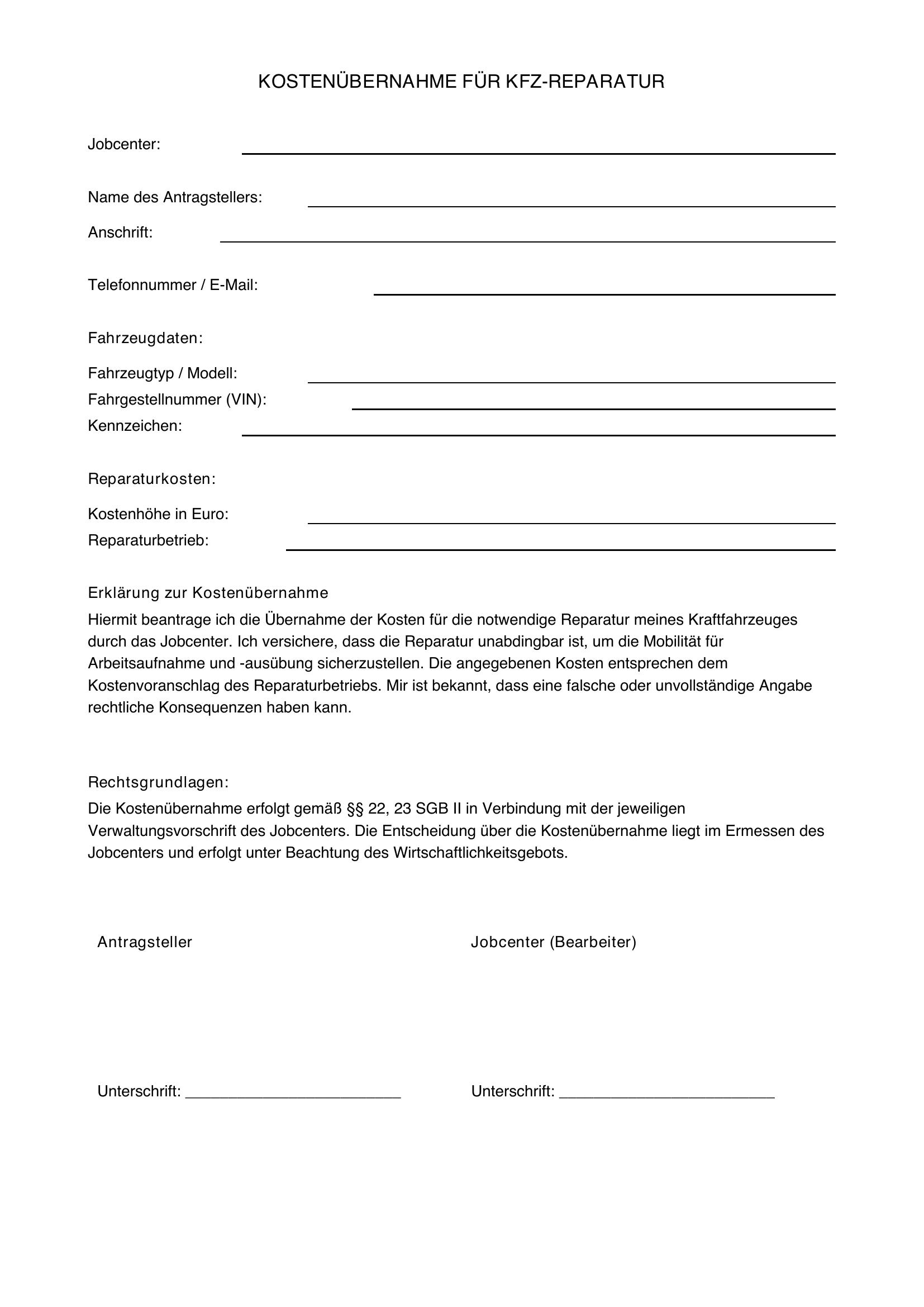 Formular Kostenübernahme Kfz-Reparatur Jobcenter