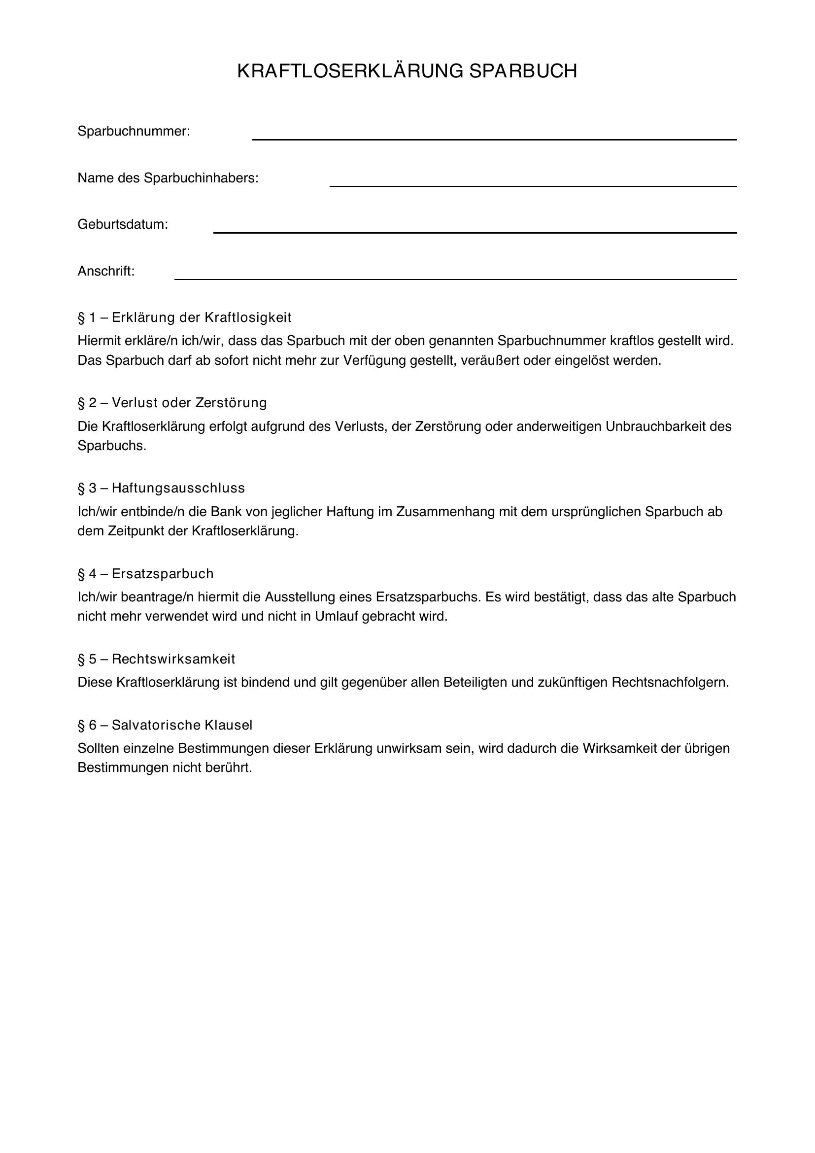 Kraftloserklärung Sparbuch Muster