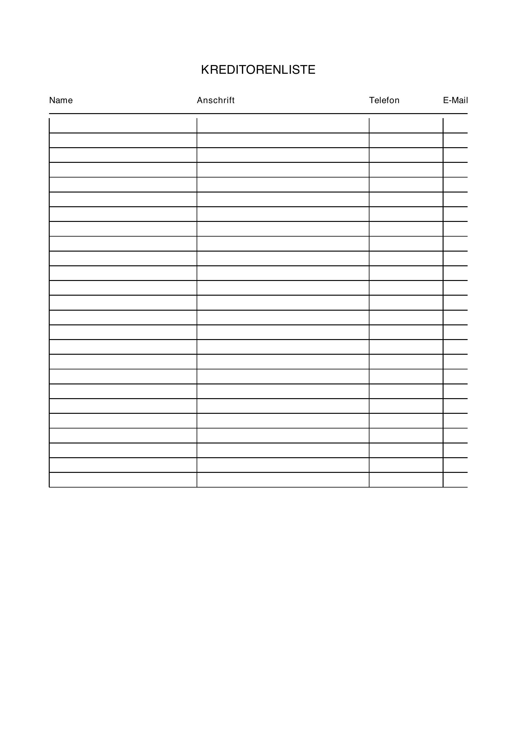 Kreditorenliste Vorlage