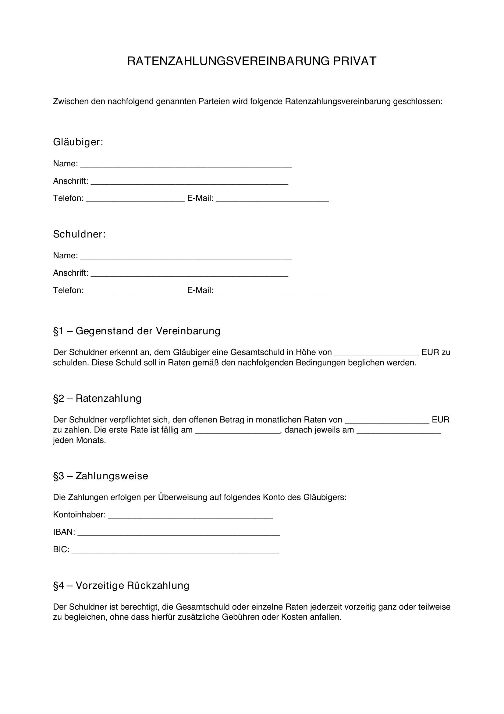 Ratenzahlungsvereinbarung Privat