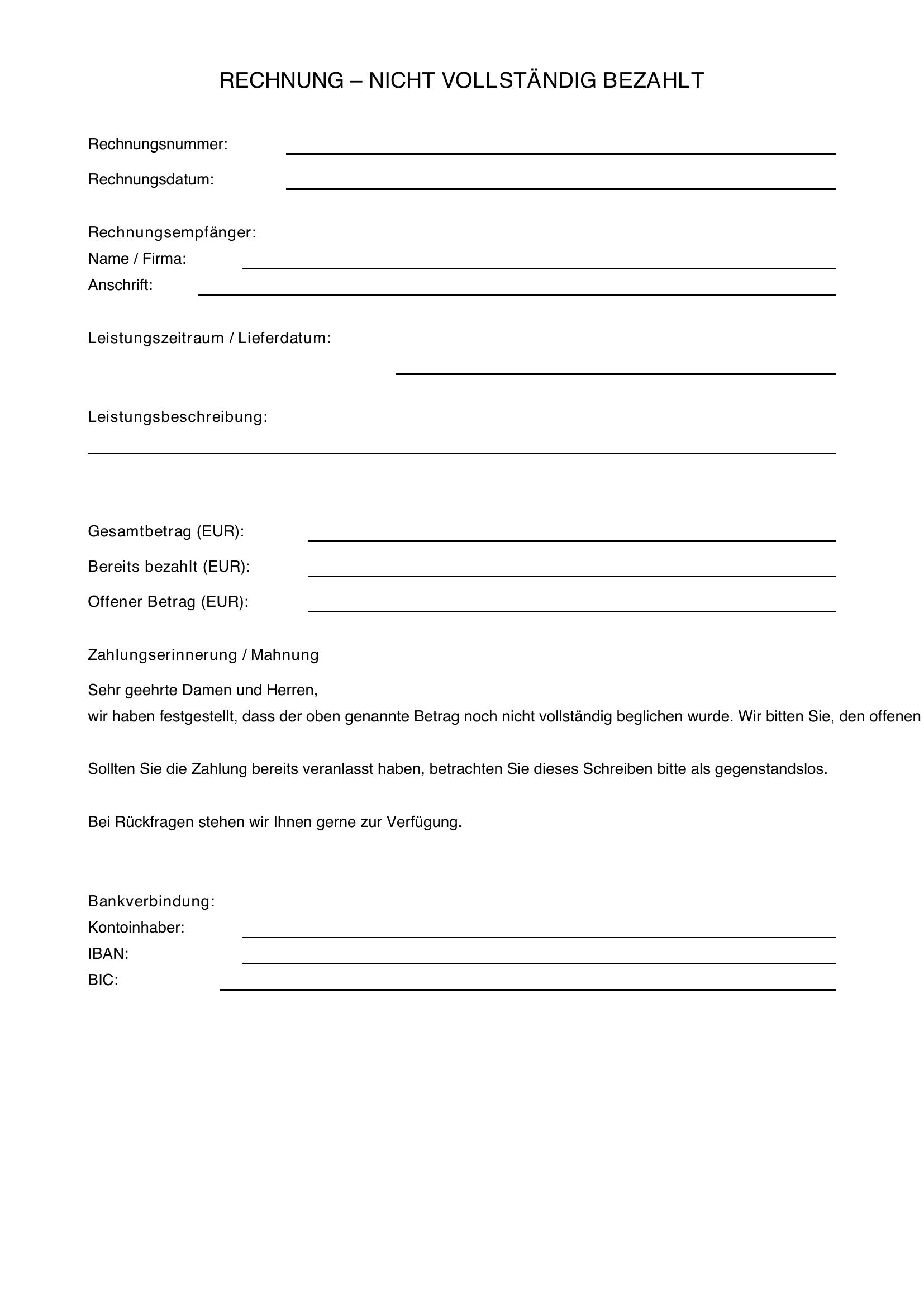 Rechnung Nicht Vollständig Bezahlt Musterschreiben