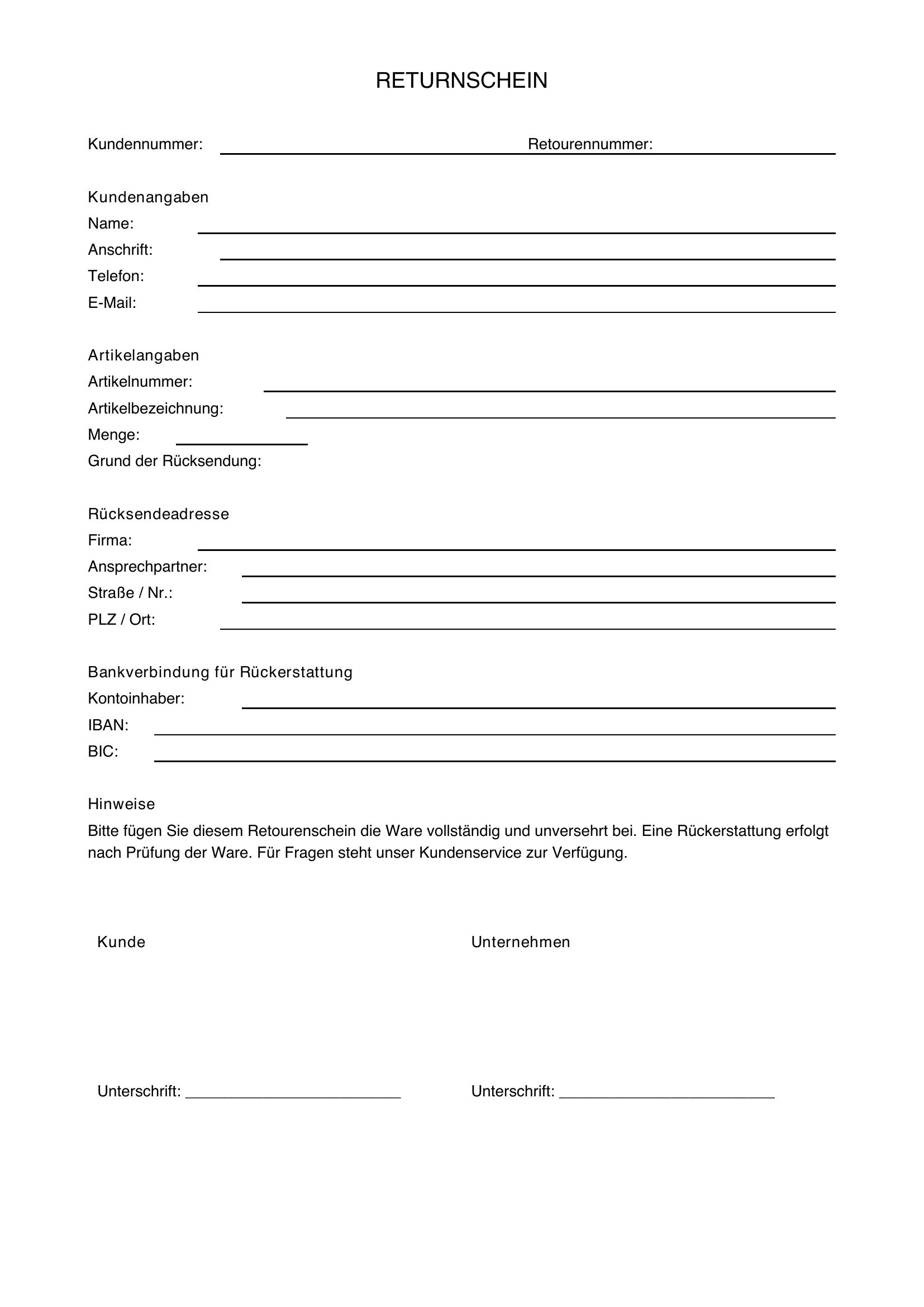 Vorlage Retourenschein