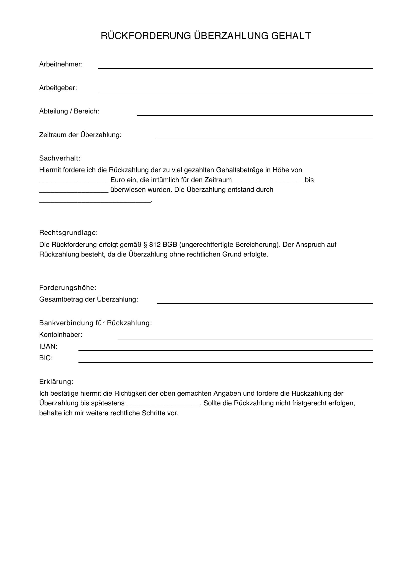 Rückforderung Überzahlung Gehalt Muster