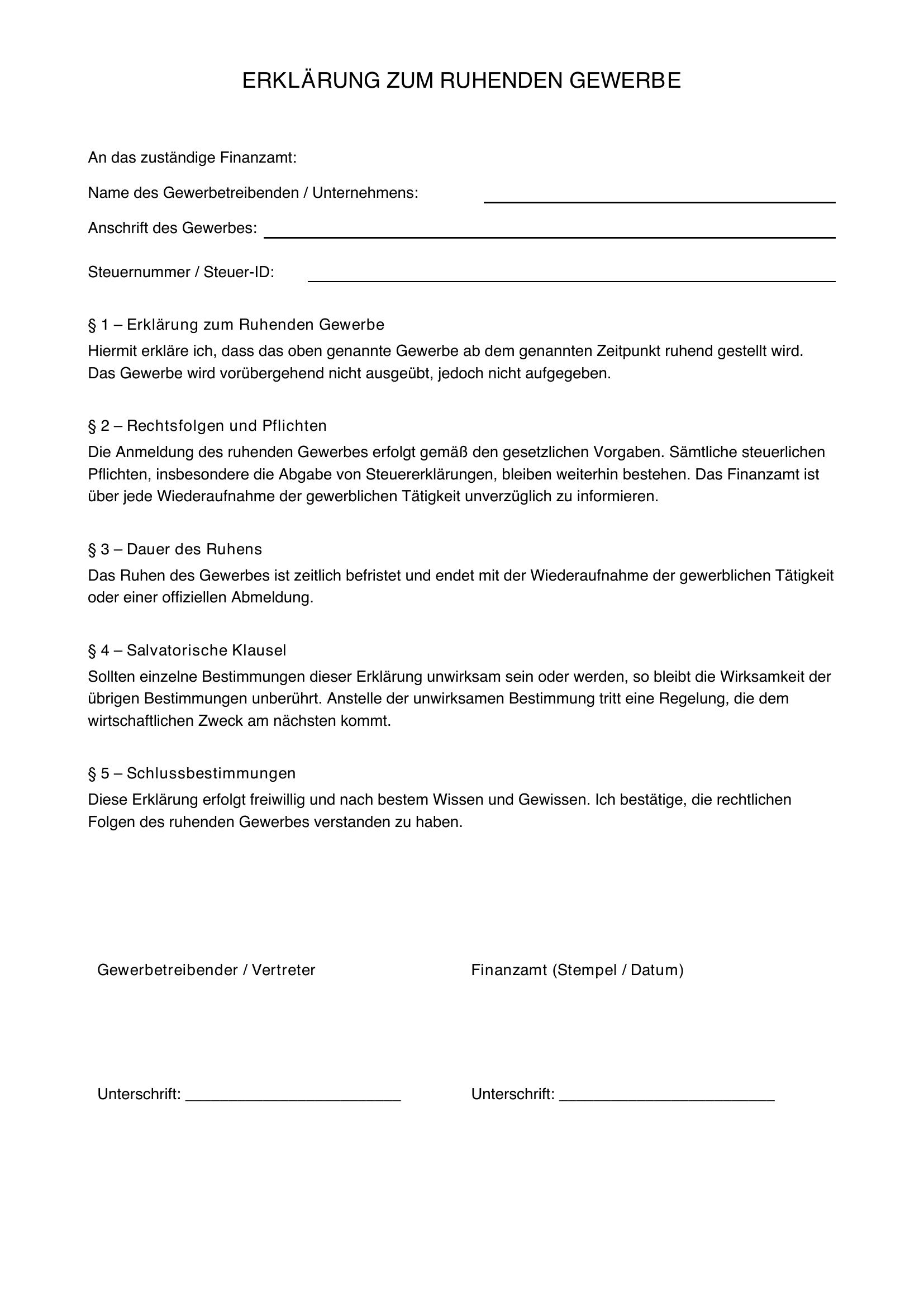 Ruhendes Gewerbe Finanzamt Formular