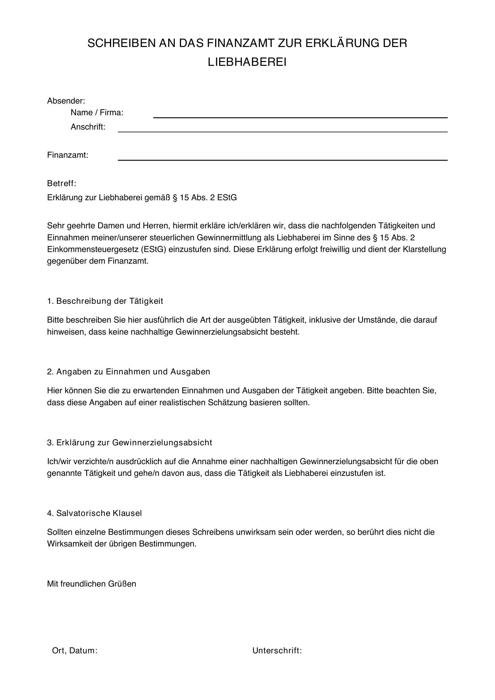 Musterschreiben Finanzamt Liebhaberei