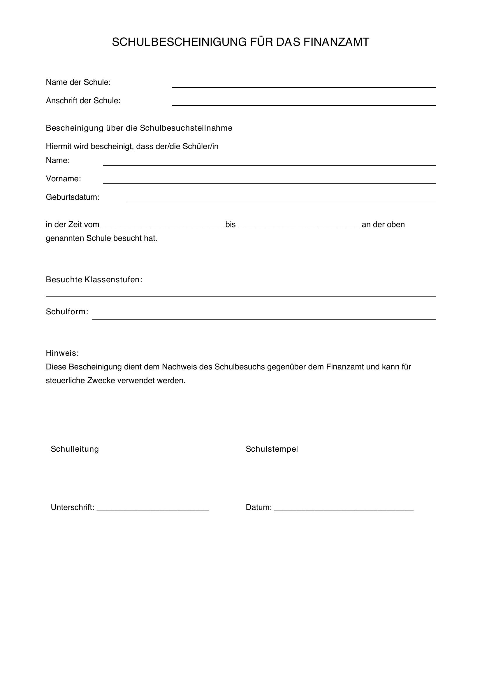 Schulbescheinigung Finanzamt Vordruck