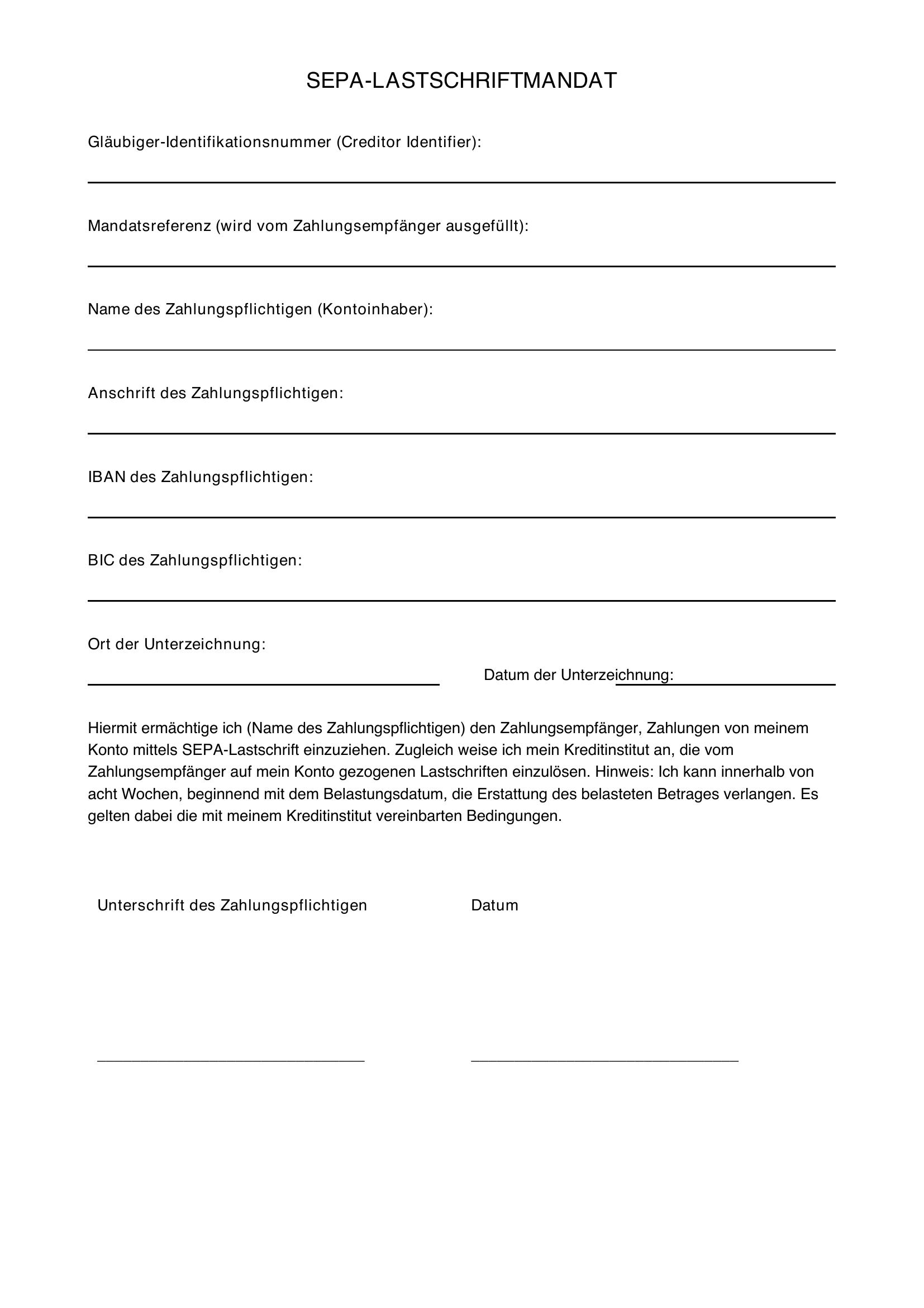 Sepa-Lastschriftmandat Vorlage