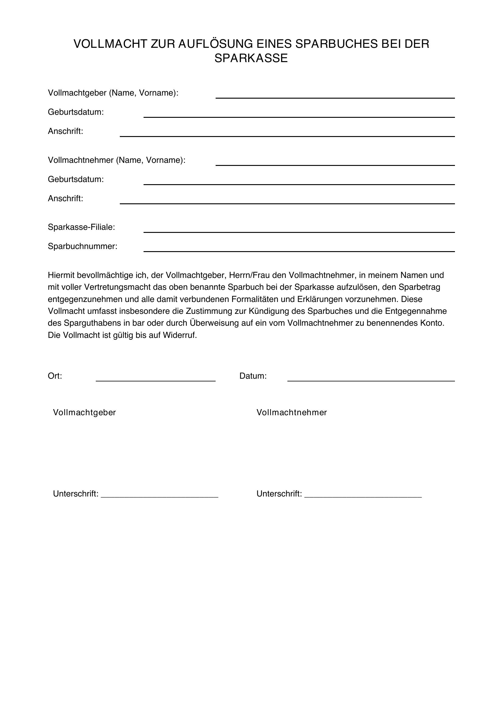 Sparbuch Auflösen Sparkasse Vollmacht