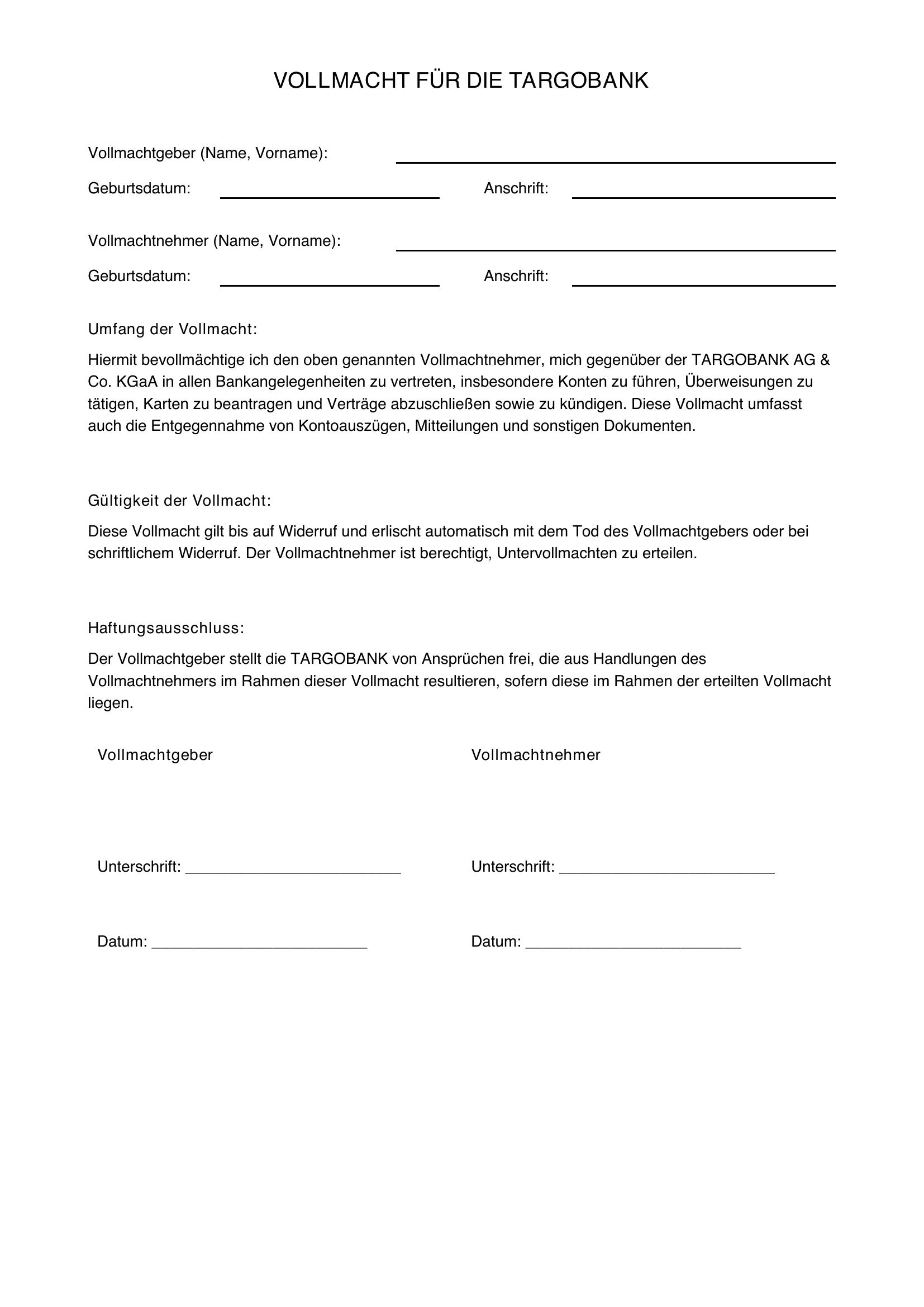Targobank Vollmacht