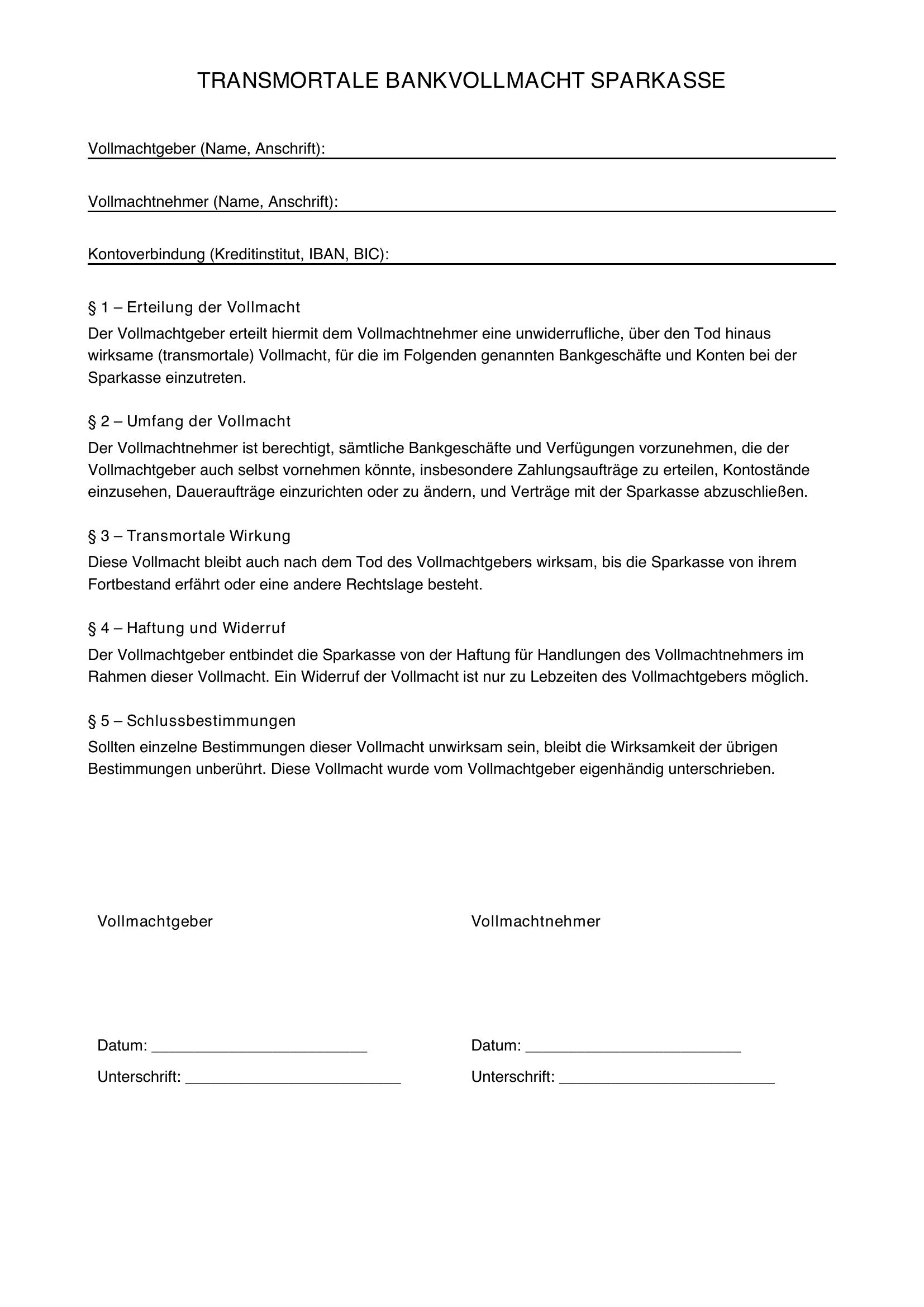 Transmortale Bankvollmacht Vordruck Sparkasse