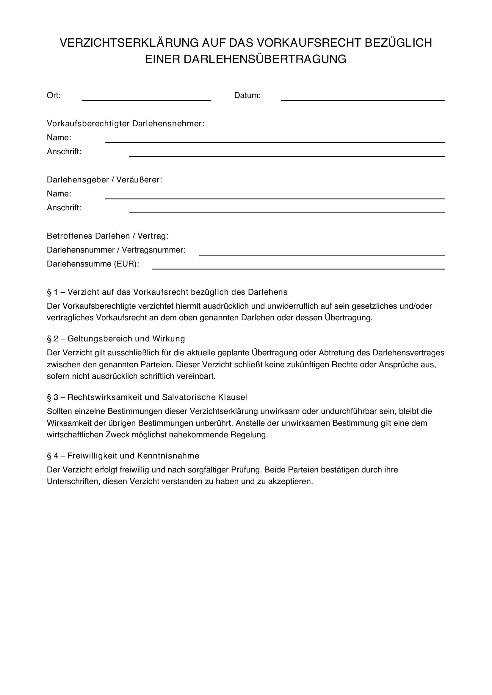 Verzichtserklärung Darlehen Muster