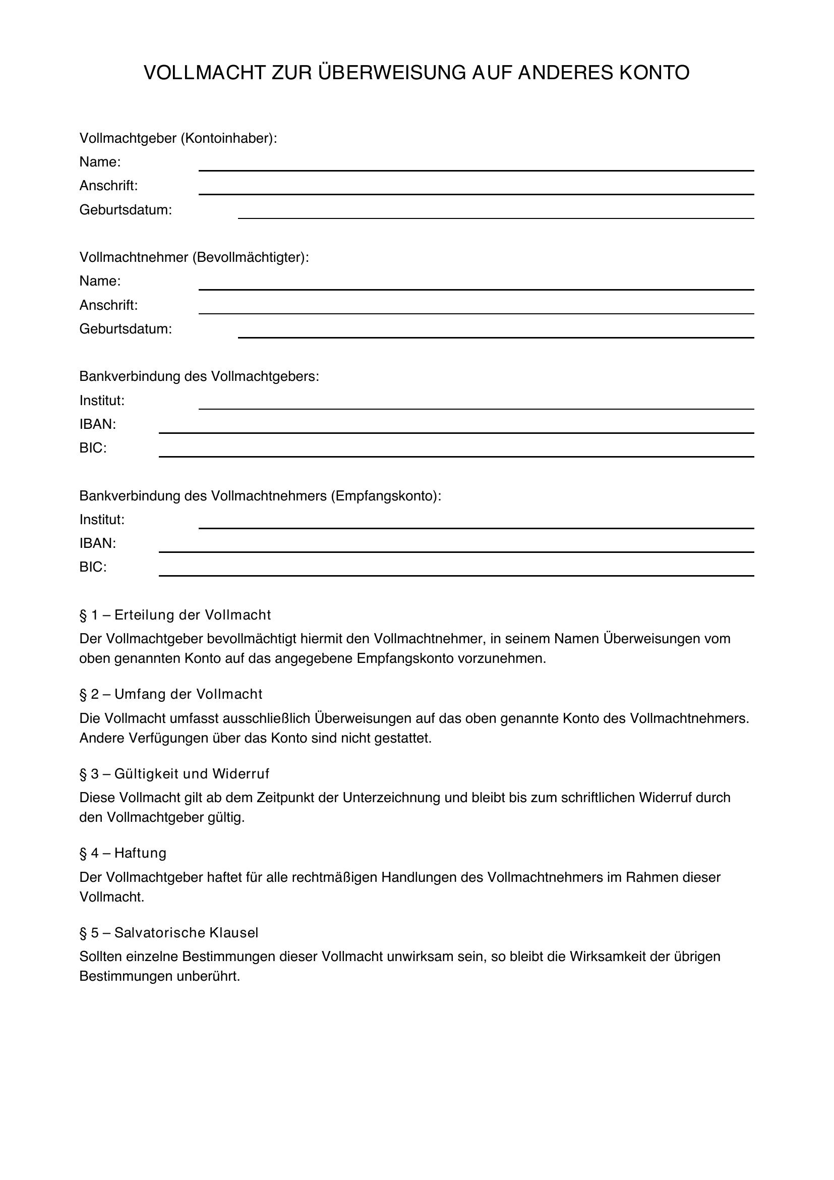 Vollmacht Überweisung Auf Anderes Konto Vorlage