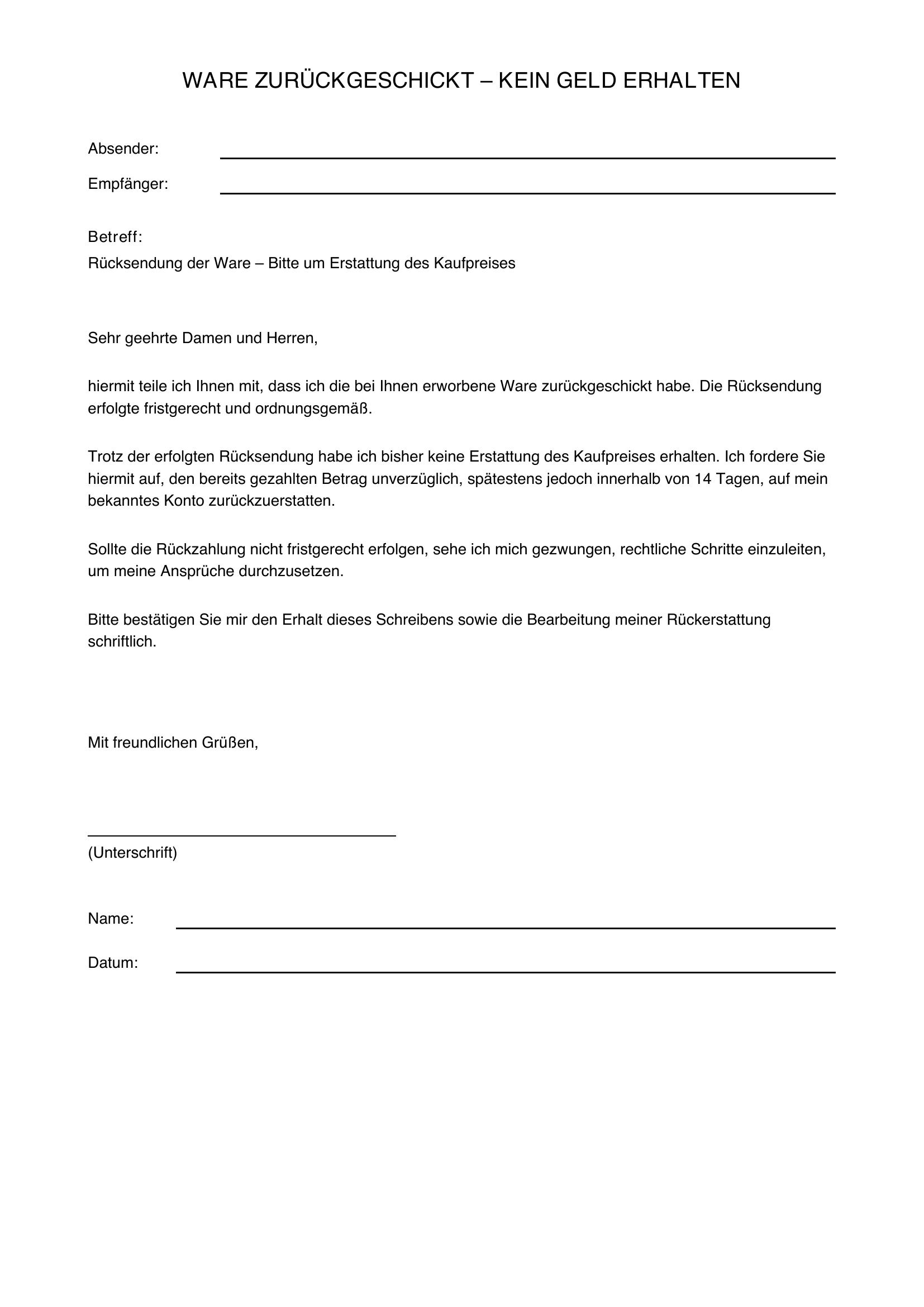 Ware Zurückgeschickt Kein Geld Erhalten Musterbrief