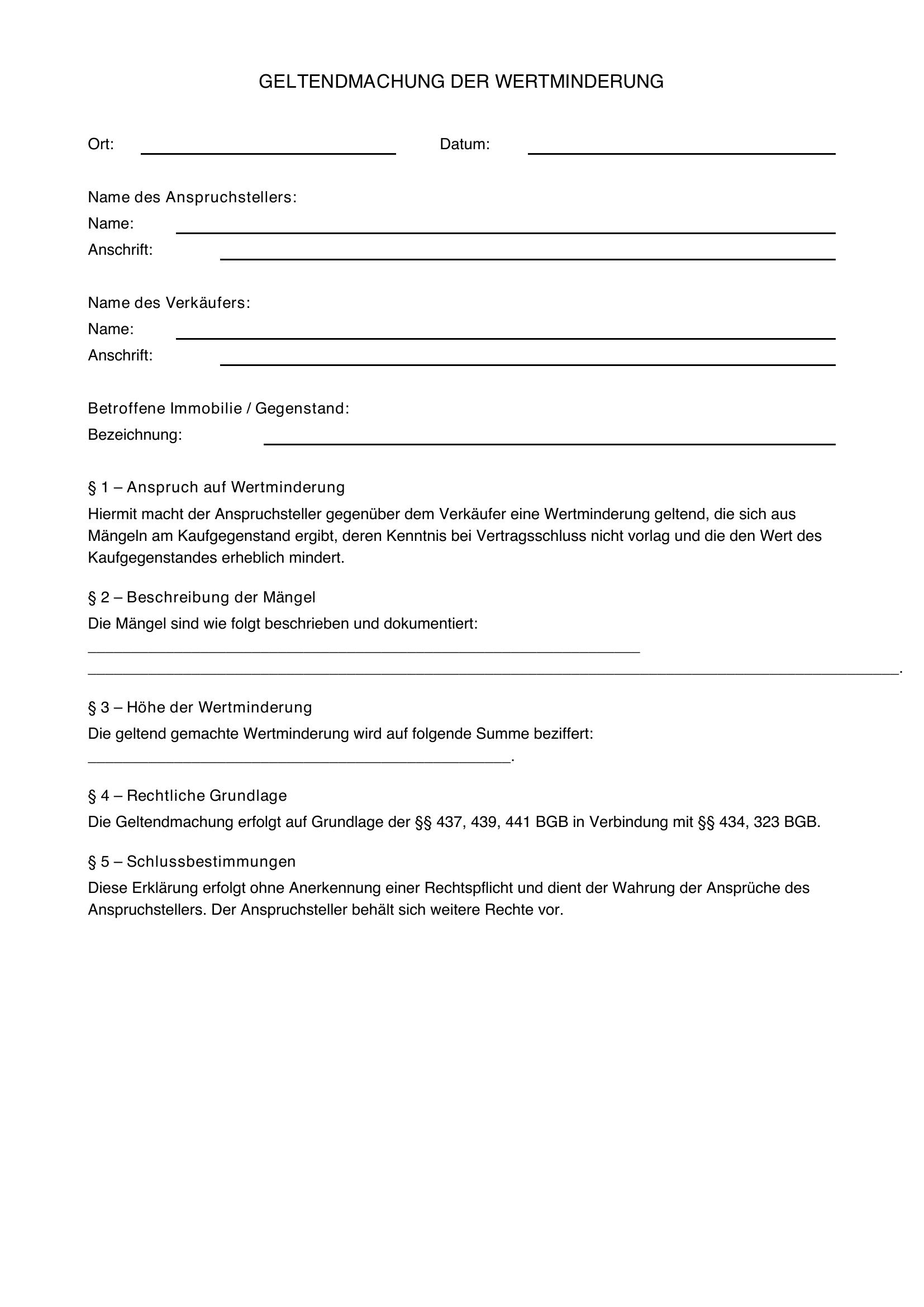 Wertminderung Geltend Machen Muster